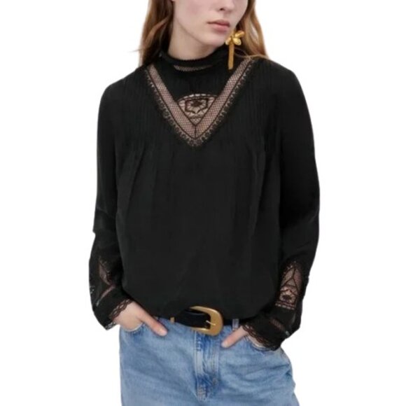 Zara Tops - Zara black long sleeve lace cupro blouse size XS